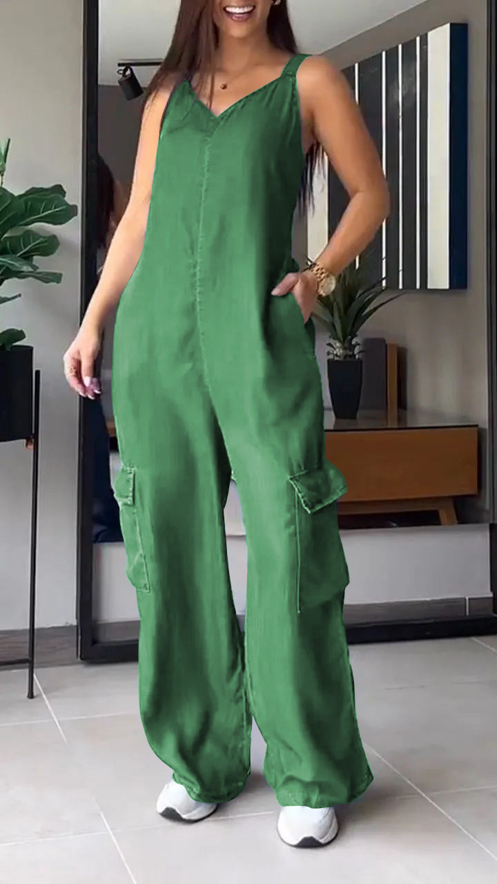 Damen Jumpsuit Denim V-Ausschnitt Hochtailliert 9