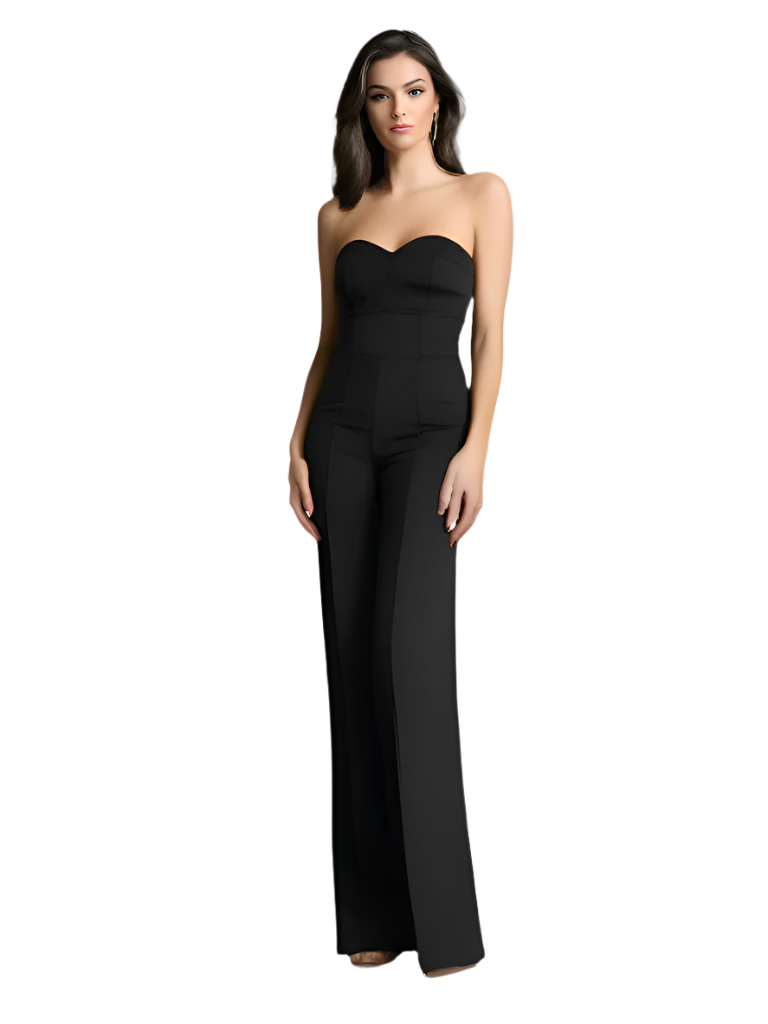 Damen Jumpsuit Hochtailliert Schulterfrei Festlich Schwarz 0