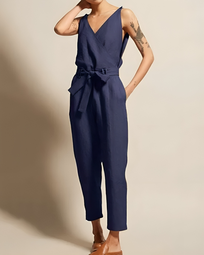 Damen Jumpsuit Lässig Leinen Mit Taillengürtel 0