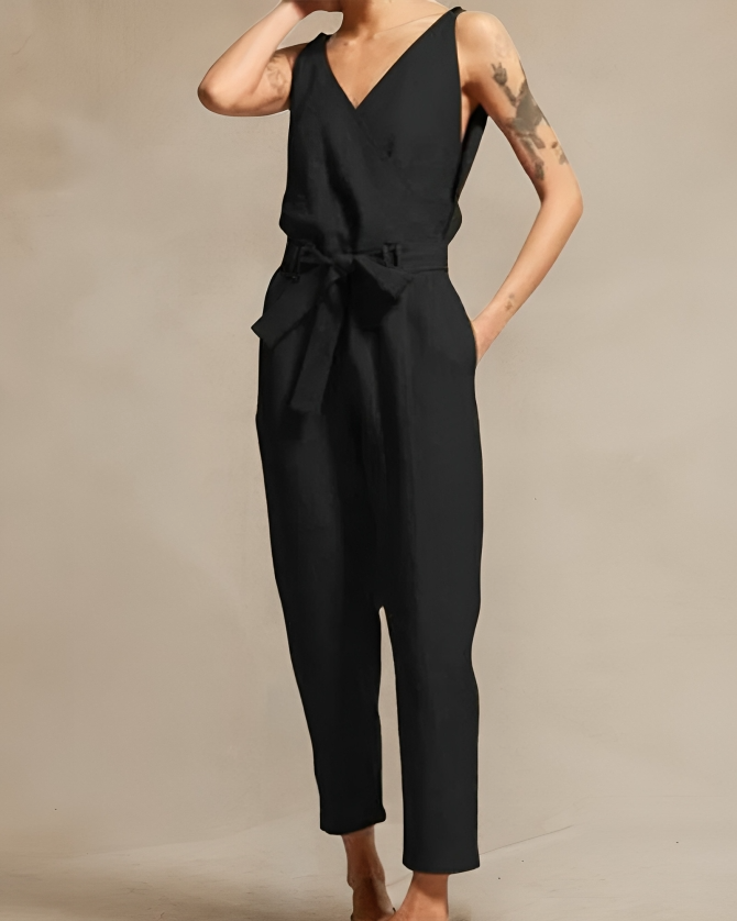 Damen Jumpsuit Lässig Leinen Mit Taillengürtel 7