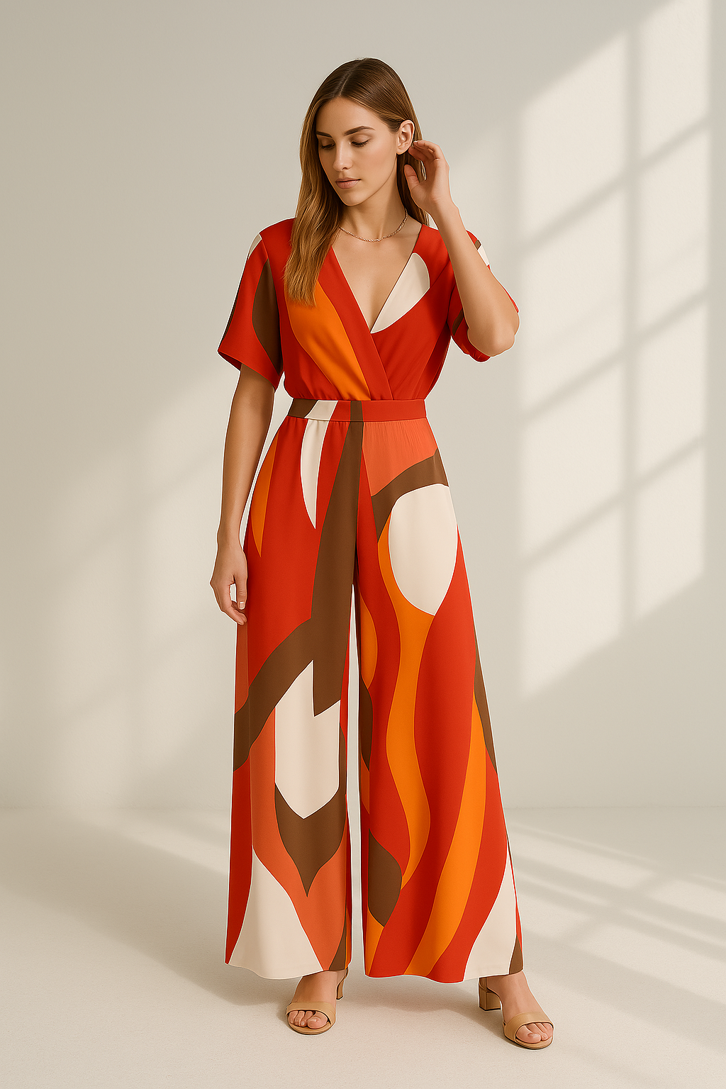 Damen Jumpsuit V-Ausschnitt Weite Beine Fließendes Material Festlich Sommer 1