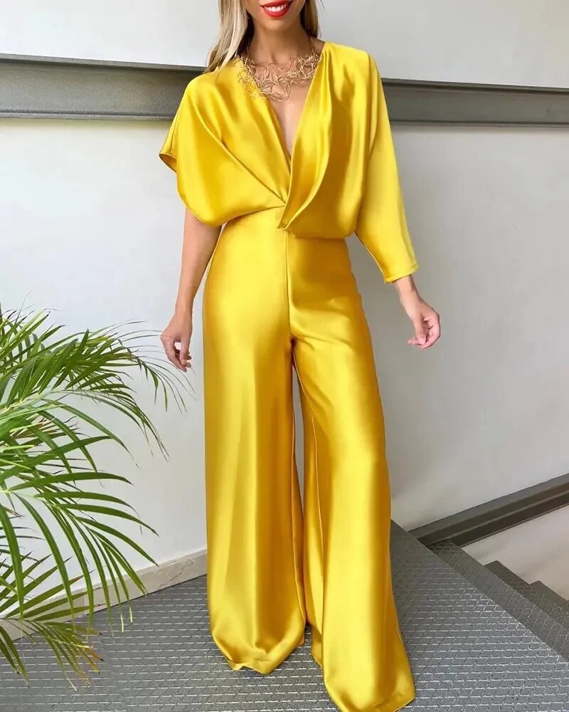 Damen Jumpsuit V-Ausschnitt Weite Beine Fließendes Material Festlich Sommer 7