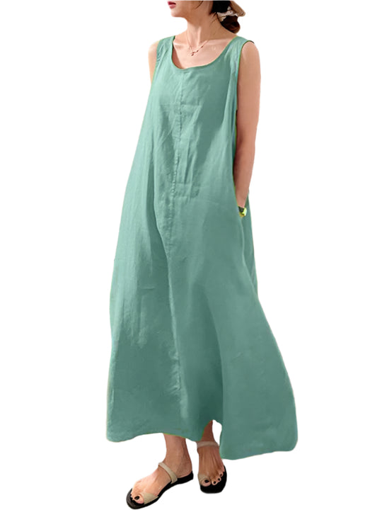 Damen Kleid Ärmellos Rundhals Lässig Baumwolle-Leinen-Mischung 0
