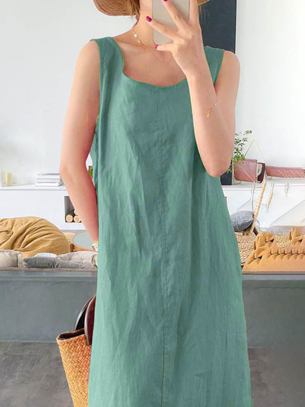 Damen Kleid Ärmellos Rundhals Lässig Baumwolle-Leinen-Mischung 1