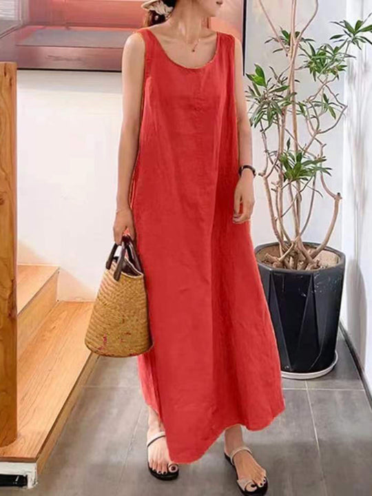 Damen Kleid Ärmellos Rundhals Lässig Baumwolle-Leinen-Mischung 4