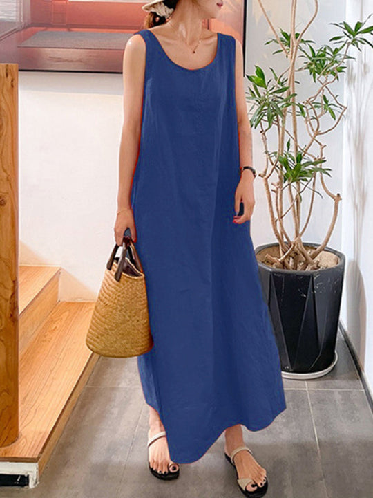 Damen Kleid Ärmellos Rundhals Lässig Baumwolle-Leinen-Mischung 6