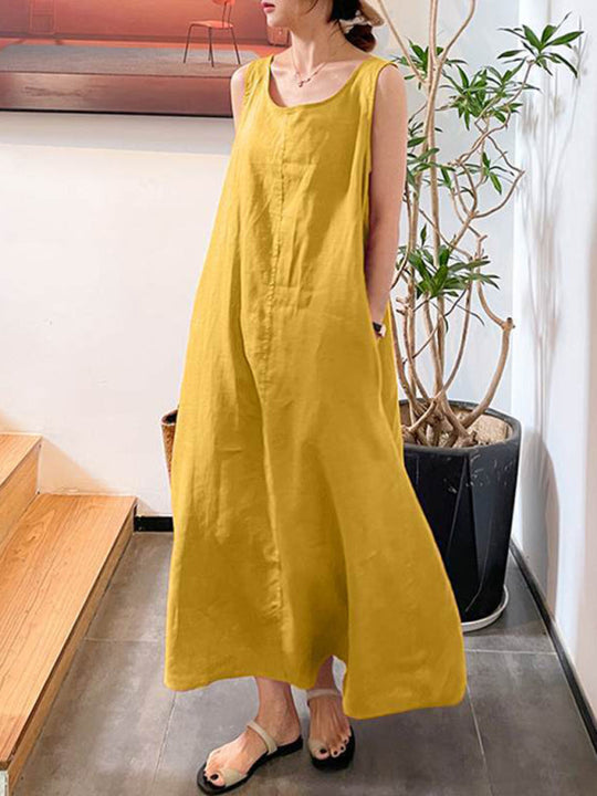 Damen Kleid Ärmellos Rundhals Lässig Baumwolle-Leinen-Mischung 8