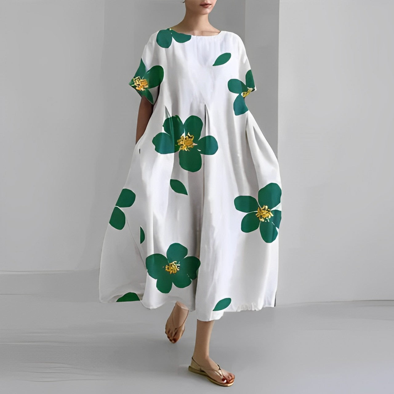 Damen Kleid Blumendruck Baumwolle Figurbetont Kurzarm Sommerkleid 1