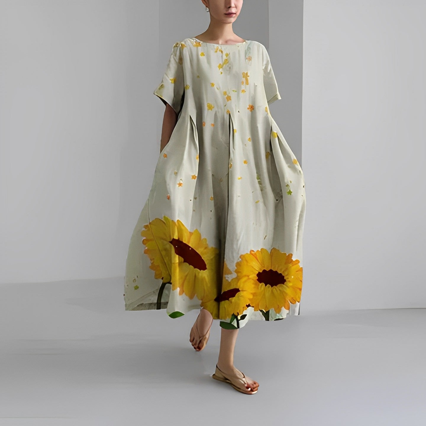 Damen Kleid Blumendruck Baumwolle Figurbetont Kurzarm Sommerkleid 3