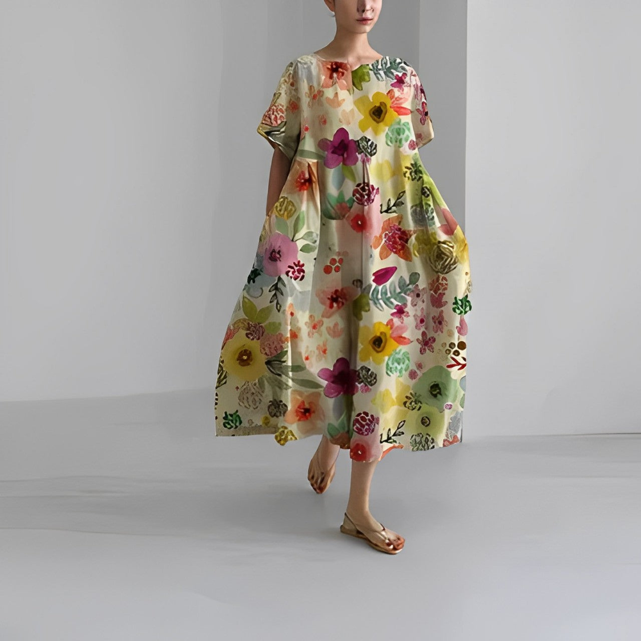 Damen Kleid Blumendruck Baumwolle Figurbetont Kurzarm Sommerkleid 4