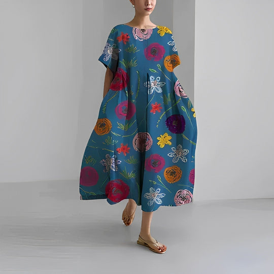 Damen Kleid Blumendruck Baumwolle Figurbetont Kurzarm Sommerkleid 6