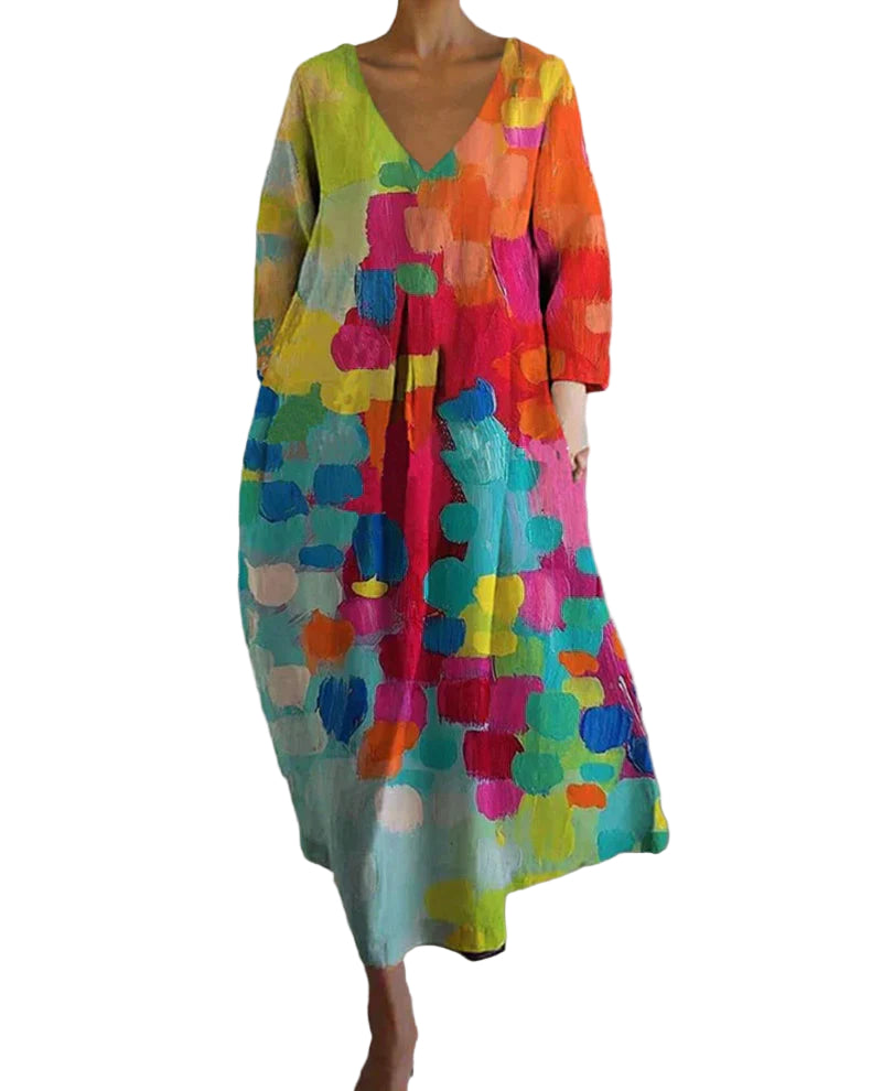 Damen Kleid Bunt Bedruckt Leinen Sommer Stil 1