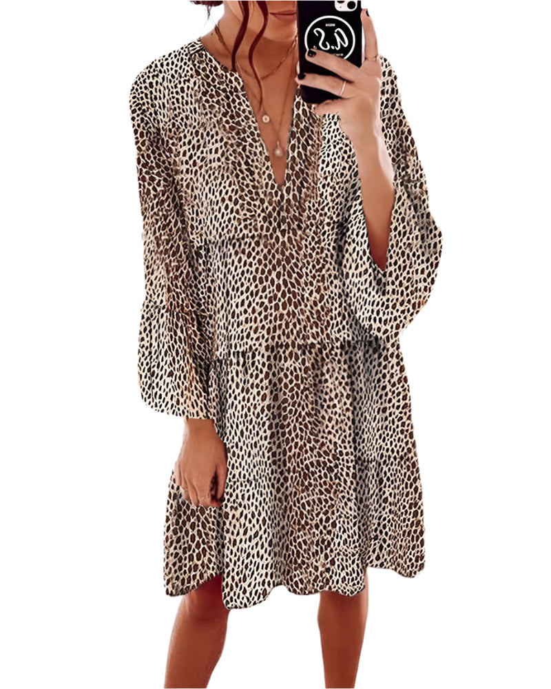 Damen Kleid Knielang Leopardenmuster mit V-Ausschnitt und Puffärmeln 0