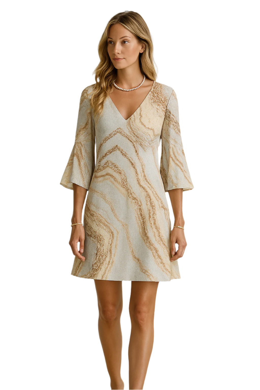Damen Kleid Kurz V-Ausschnitt Marmorprint Leichtes Material 0