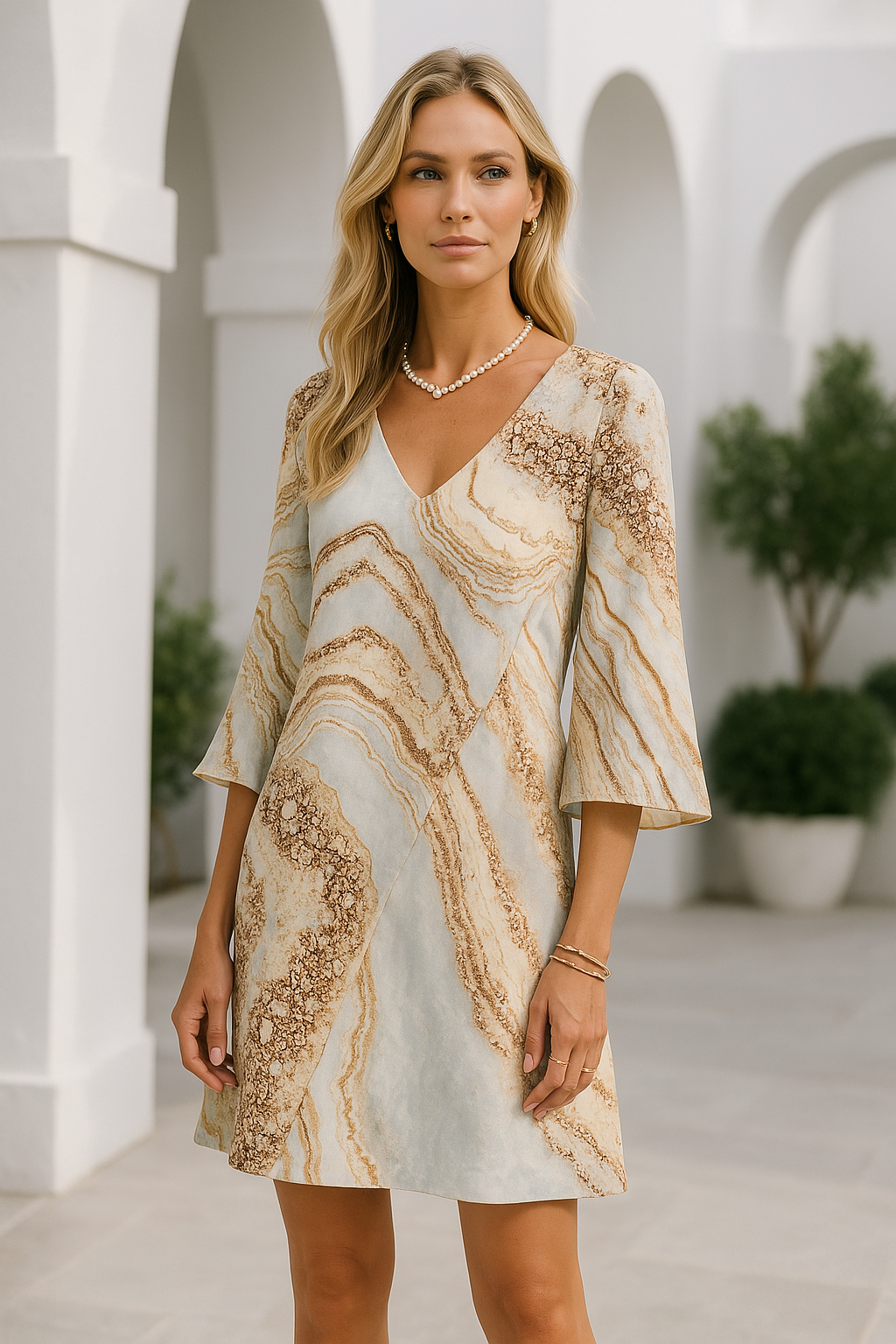 Damen Kleid Kurz V-Ausschnitt Marmorprint Leichtes Material 2