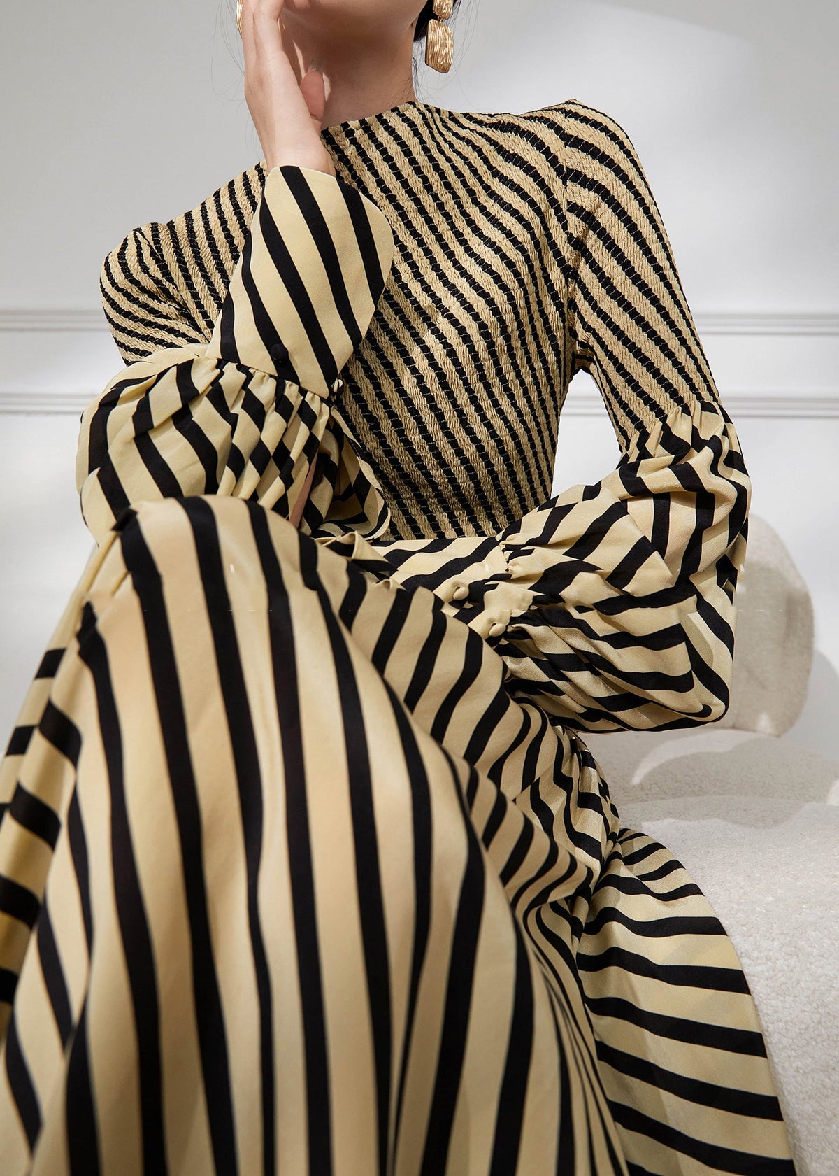 Damen Kleid O-Ausschnitt Gestreiftes Patchwork-Design 0