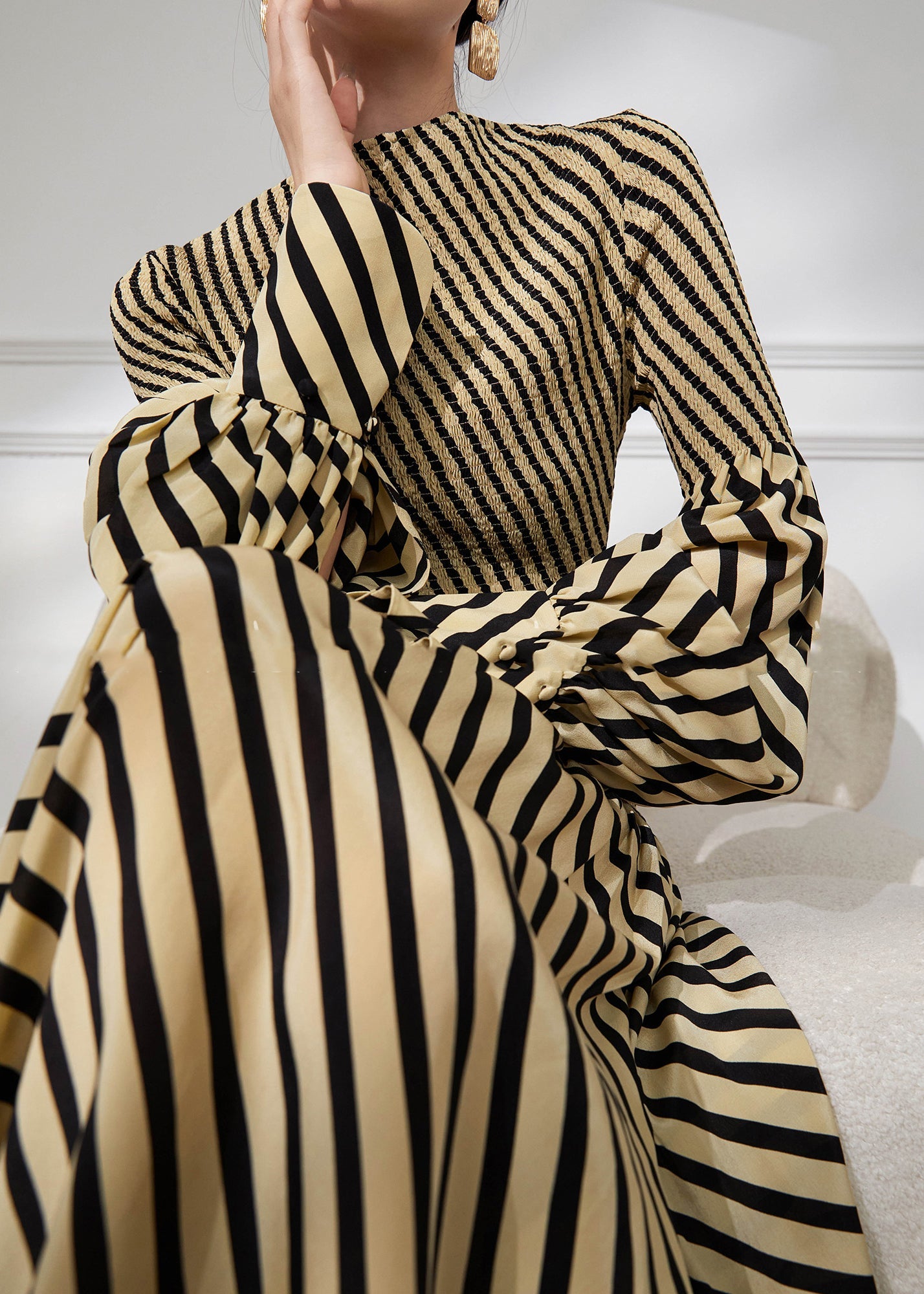 Damen Kleid O-Ausschnitt Gestreiftes Patchwork-Design 0