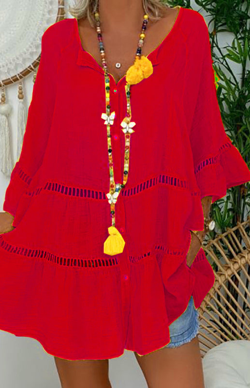 Damen Kleid V-Ausschnitt 3/4-Ärmel Baumwoll-Leinen Lockere Passform 9