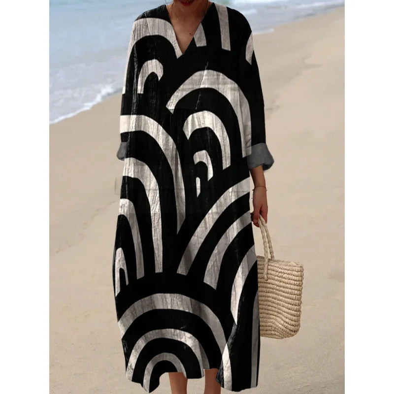 Damen Kleid V-Ausschnitt Langarm Farbblock Casual Hochwertiger Stoff 12