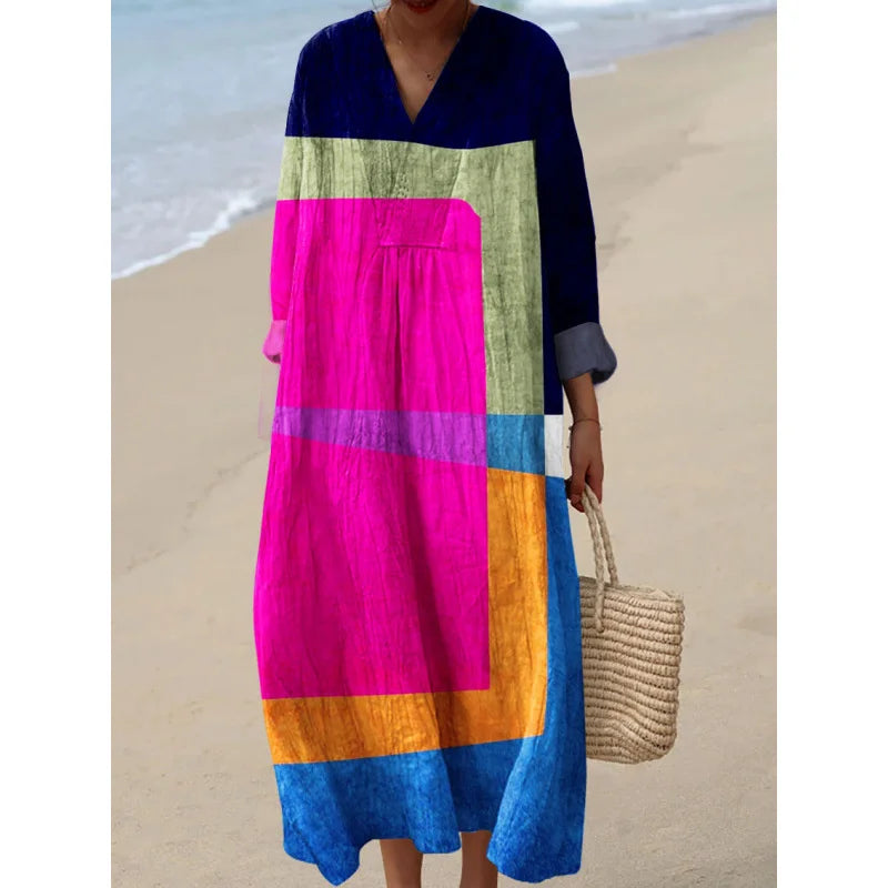 Damen Kleid V-Ausschnitt Langarm Farbblock Casual Hochwertiger Stoff 15