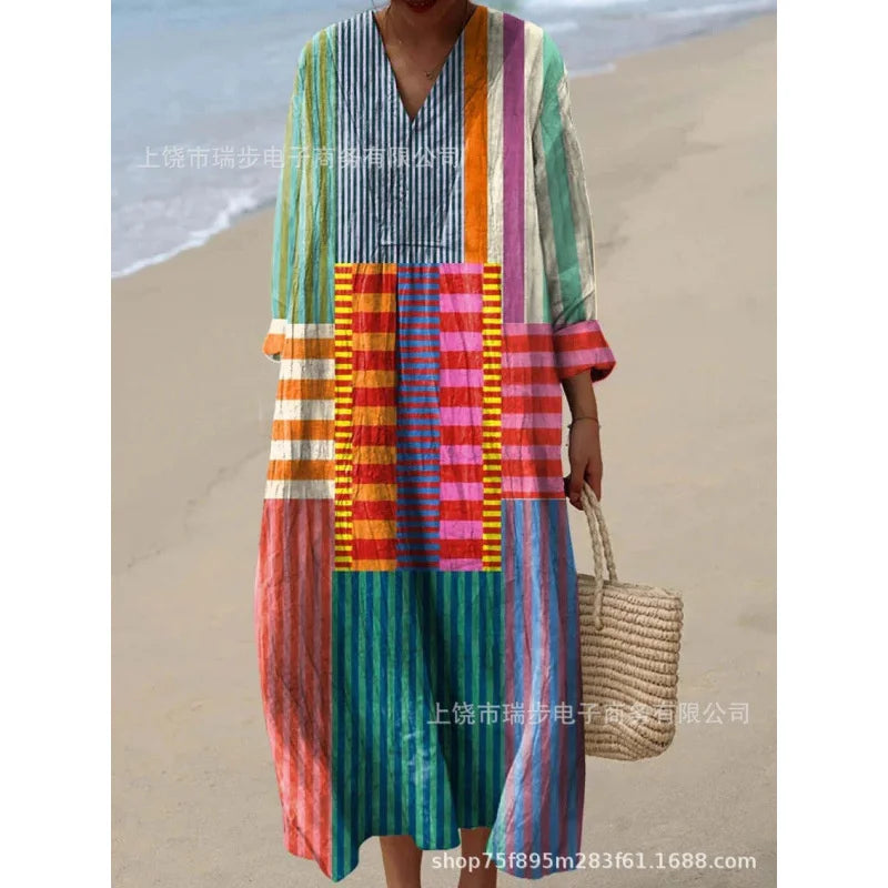 Damen Kleid V-Ausschnitt Langarm Farbblock Casual Hochwertiger Stoff 17