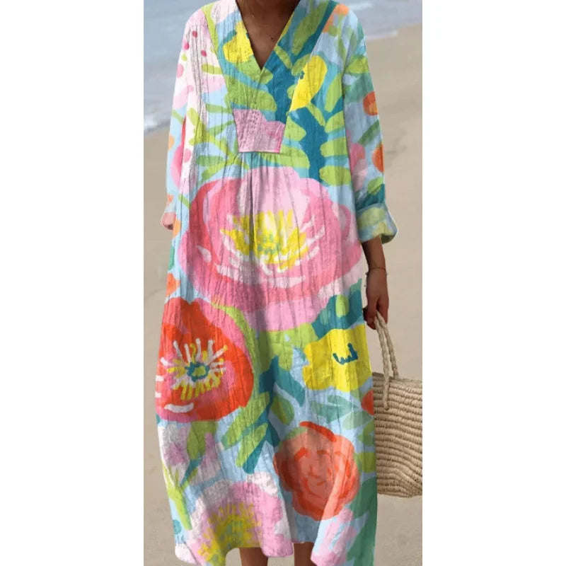 Damen Kleid V-Ausschnitt Langarm Farbblock Casual Hochwertiger Stoff 18