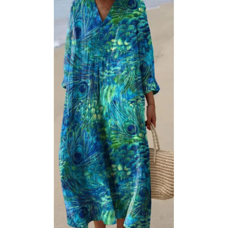 Damen Kleid V-Ausschnitt Langarm Farbblock Casual Hochwertiger Stoff 20