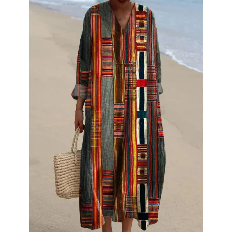 Damen Kleid V-Ausschnitt Langarm Farbblock Casual Hochwertiger Stoff 30