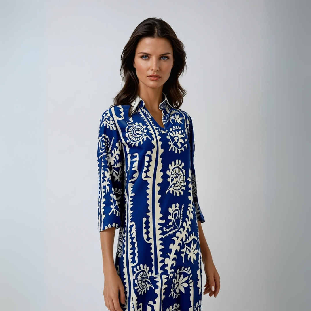 Damen Kleid V-Ausschnitt Lockeres Druckdesign aus Polyester für Festliche Anlässe 1