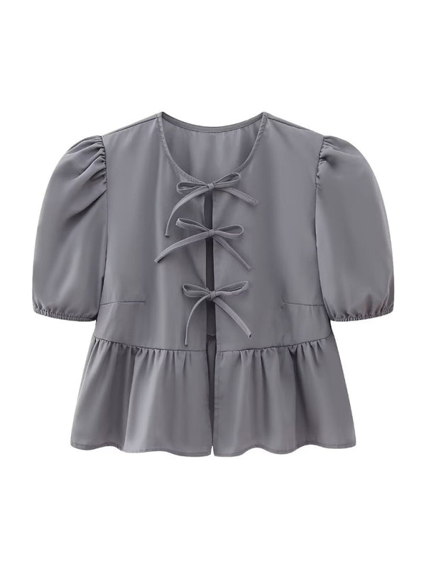 Damen Kurzarm Bluse mit Spaghetti-Trägern und Puffärmeln 11