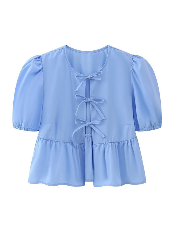 Damen Kurzarm Bluse mit Spaghetti-Trägern und Puffärmeln 13
