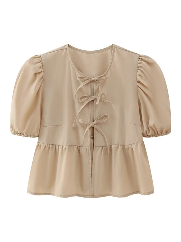 Damen Kurzarm Bluse mit Spaghetti-Trägern und Puffärmeln 5