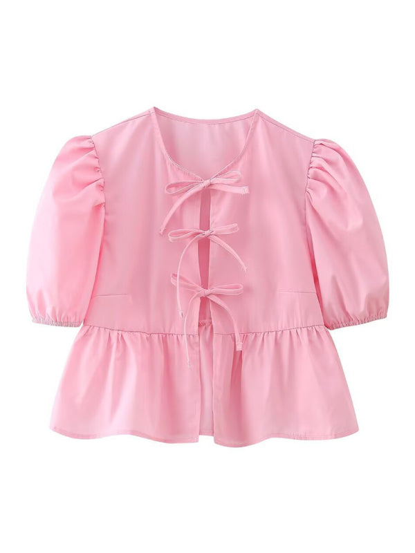 Damen Kurzarm Bluse mit Spaghetti-Trägern und Puffärmeln 6
