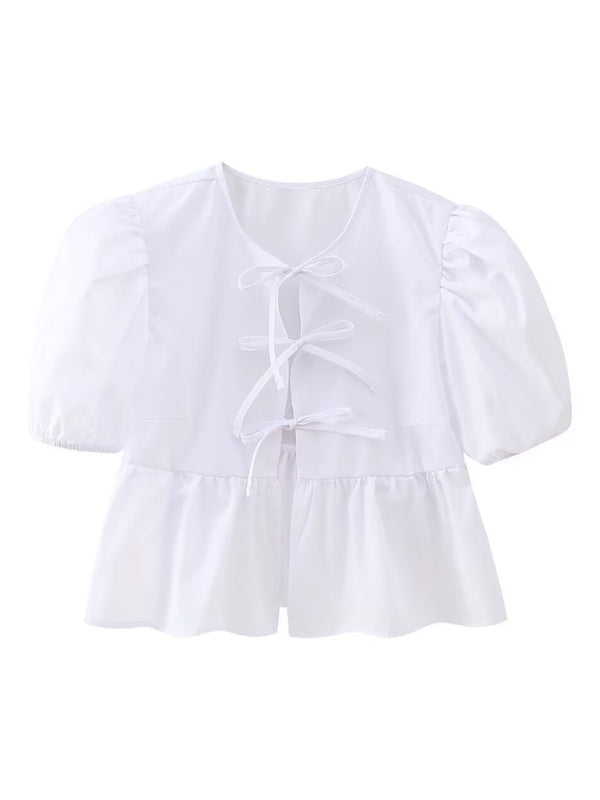 Damen Kurzarm Bluse mit Spaghetti-Trägern und Puffärmeln 7