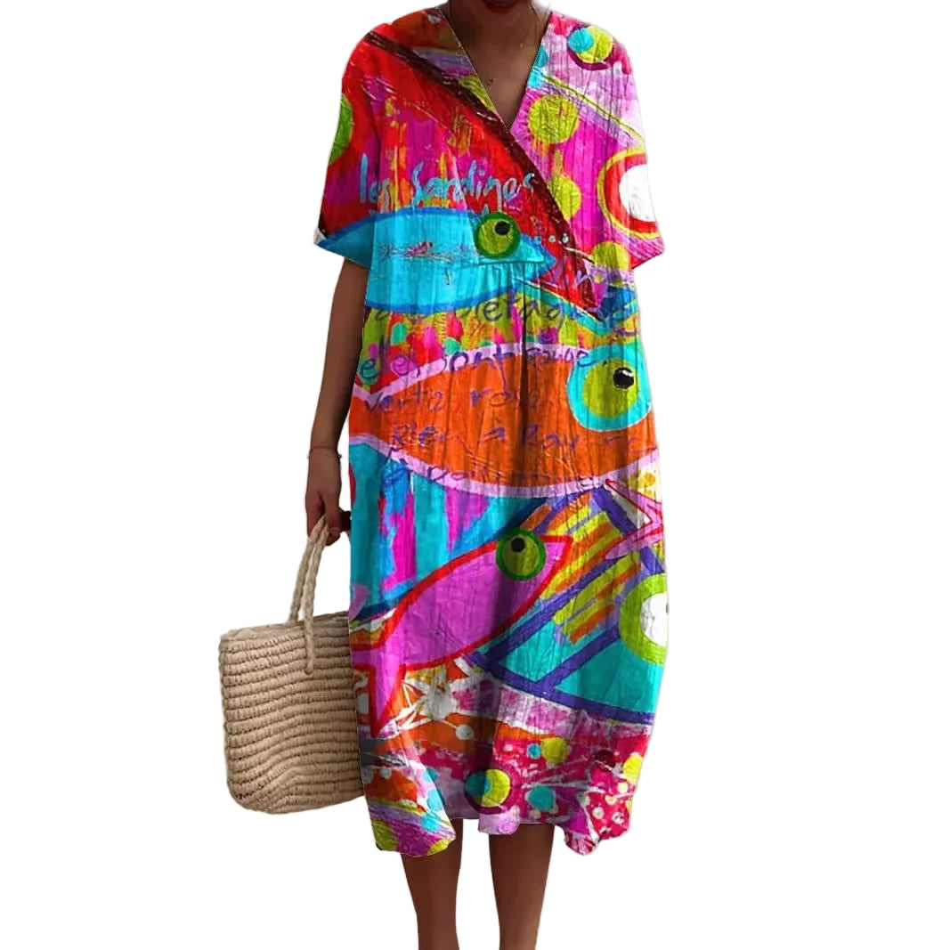 Damen Kurzarm Kleid Ozeanmotiv Bequemer Schnitt Hochwertiger Stoff 0