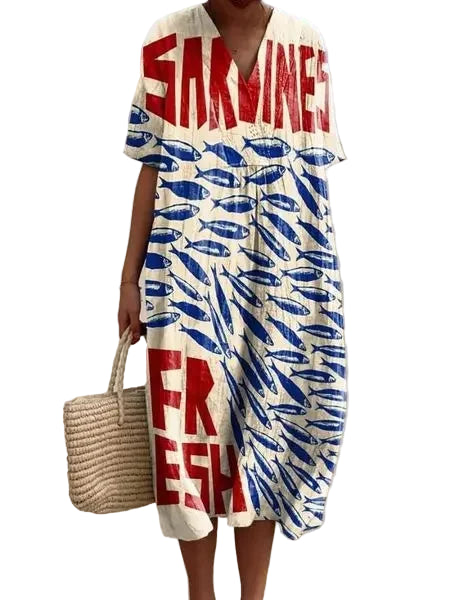 Damen Kurzarm Kleid Ozeanmotiv Bequemer Schnitt Hochwertiger Stoff 26