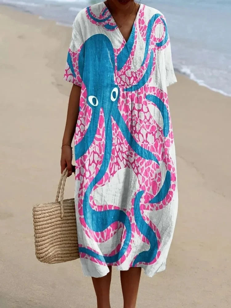 Damen Kurzarm Kleid Ozeanmotiv Bequemer Schnitt Hochwertiger Stoff 29