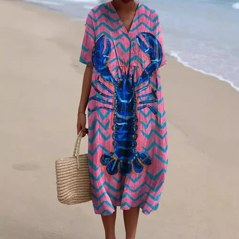 Damen Kurzarm Kleid Ozeanmotiv Bequemer Schnitt Hochwertiger Stoff 4