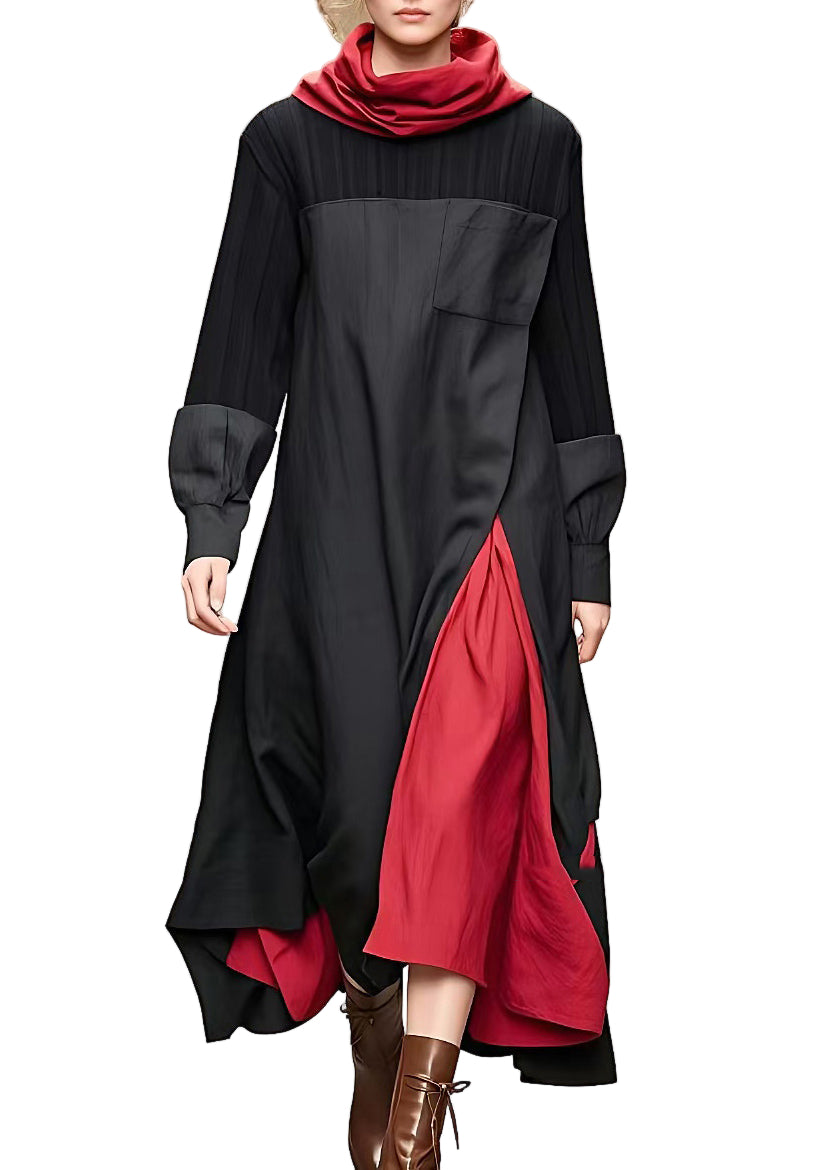 Damen Langarm Kleid Rollkragen Patchwork Design 0