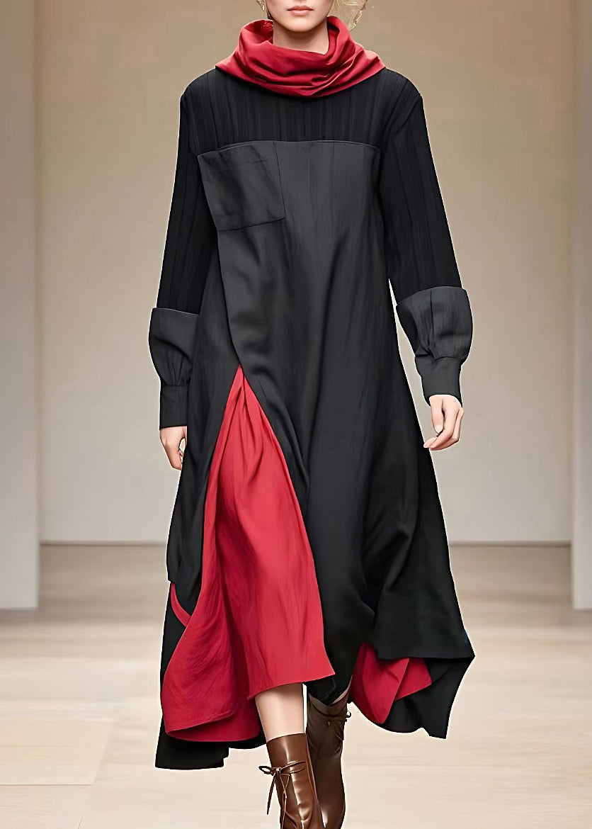 Damen Langarm Kleid Rollkragen Patchwork Design 1