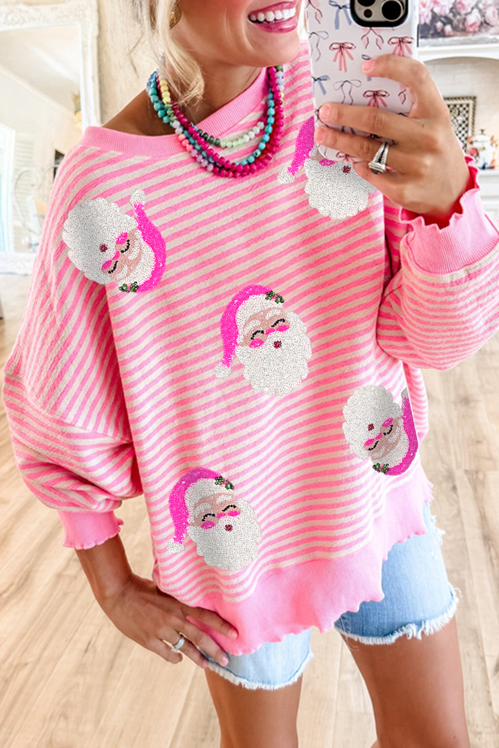 Damen Langarmshirt Santa Claus Druck Mit Pinken Streifen Polyester-Elastan-Mischung 3