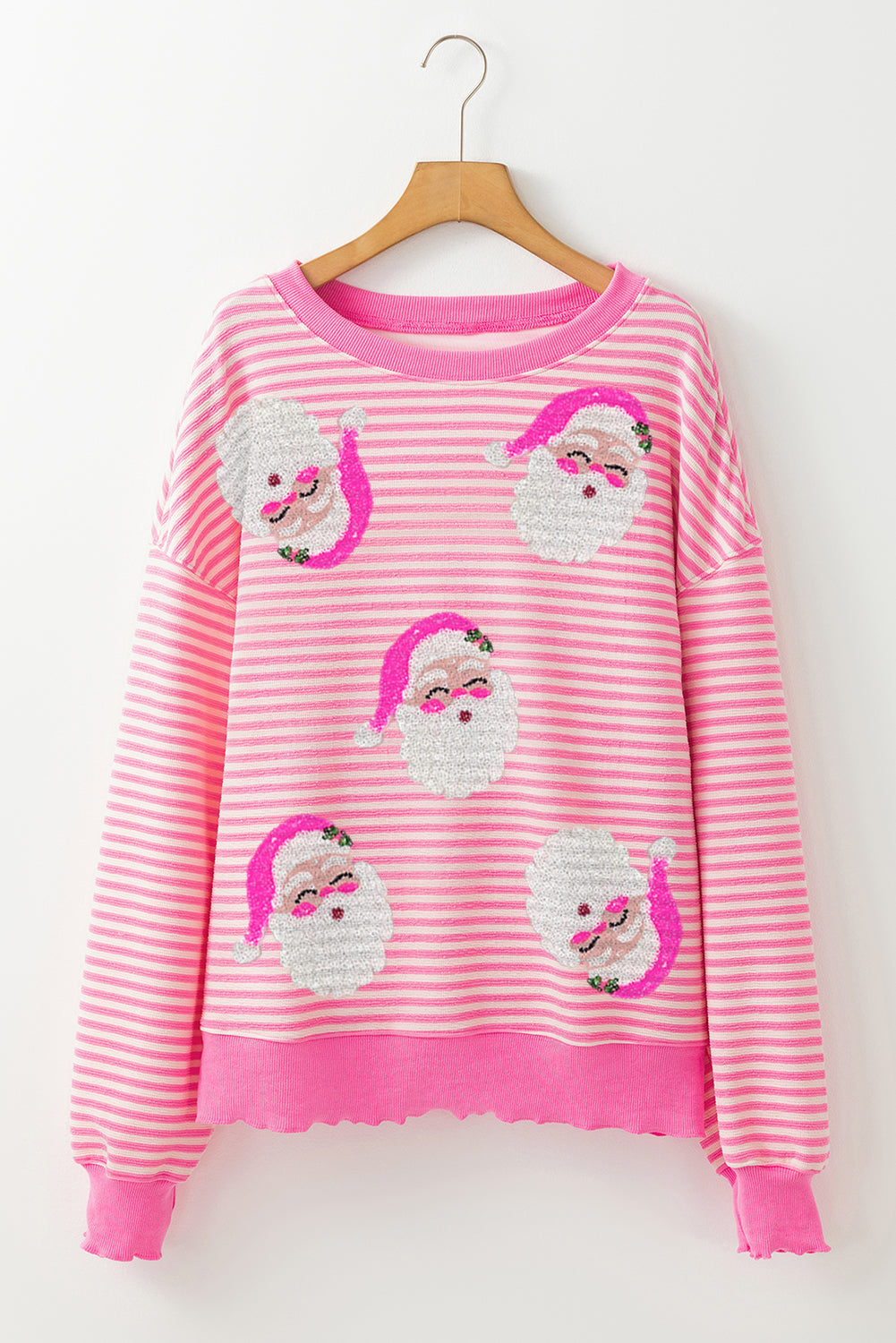 Damen Langarmshirt Santa Claus Druck Mit Pinken Streifen Polyester-Elastan-Mischung 4