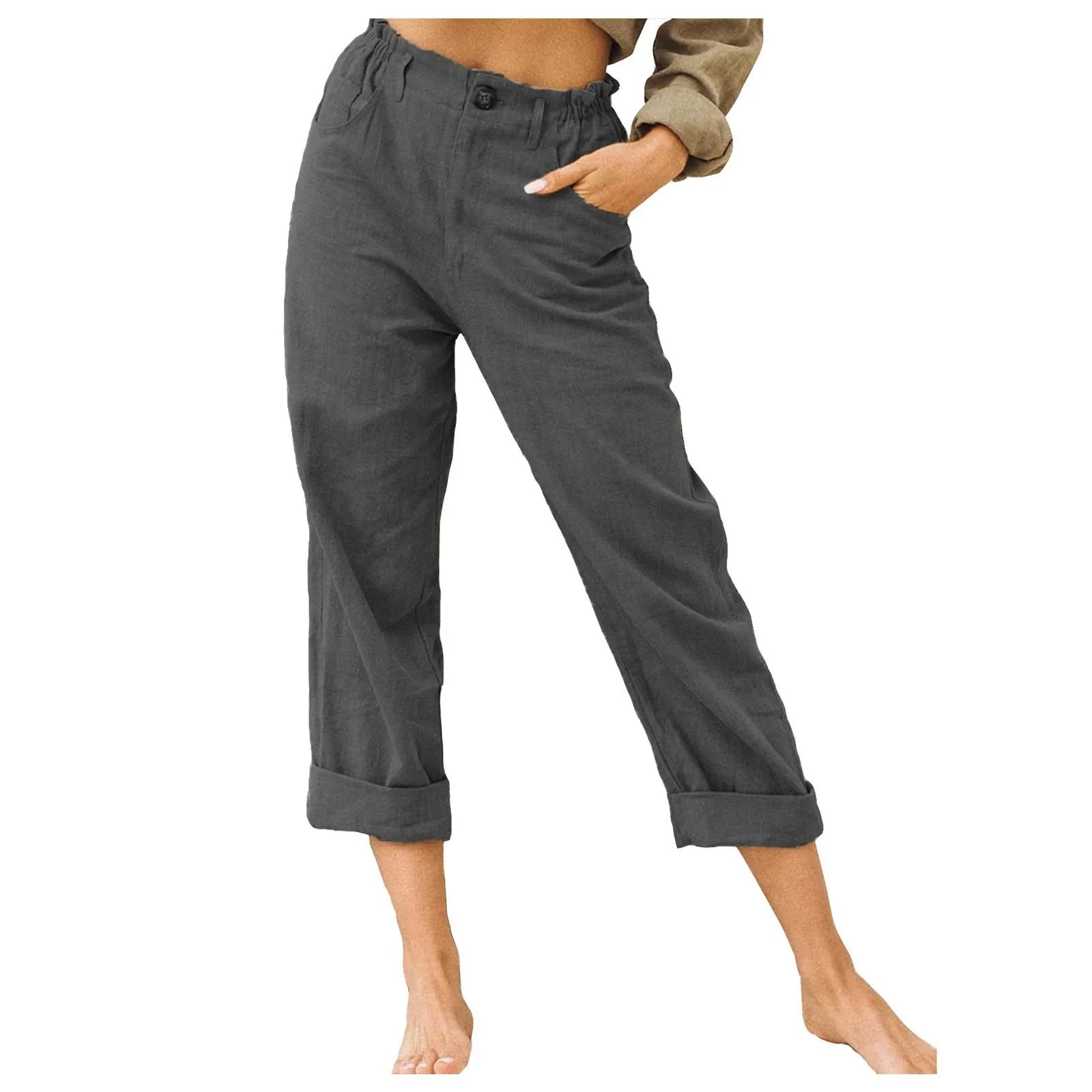 Damen Lange Hose Baumwolle Leinen Locker mit Taschen 2