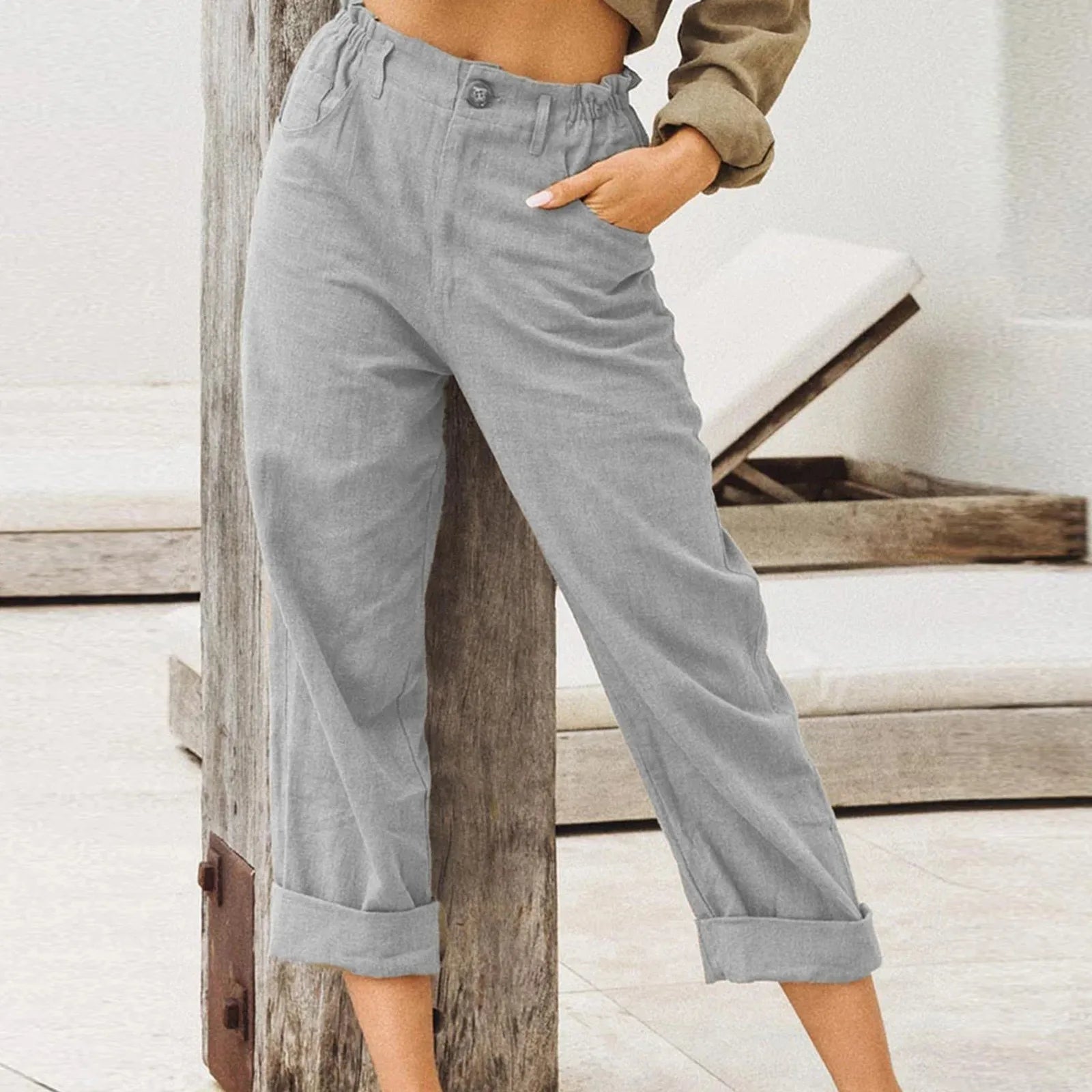 Damen Lange Hose Baumwolle Leinen Locker mit Taschen 8