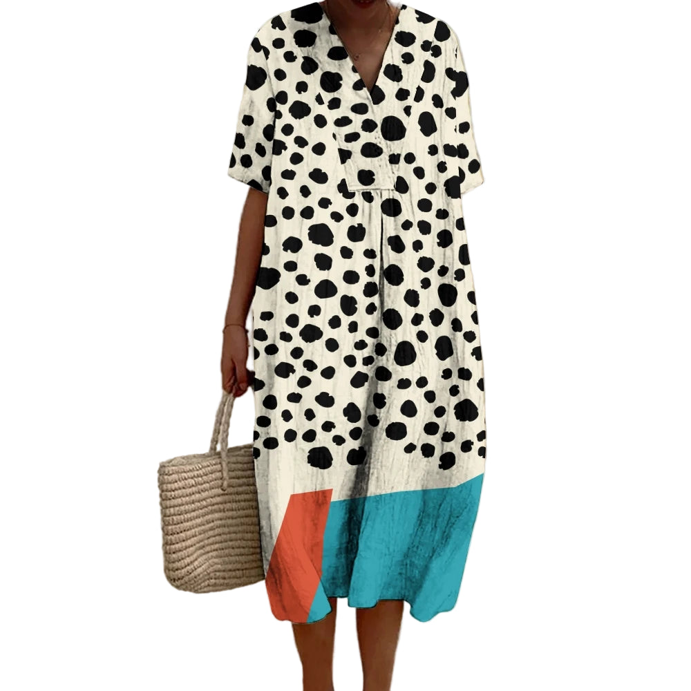 Damen Lange Kleid V-Ausschnitt Polka Dots Baumwolle Polyester 0