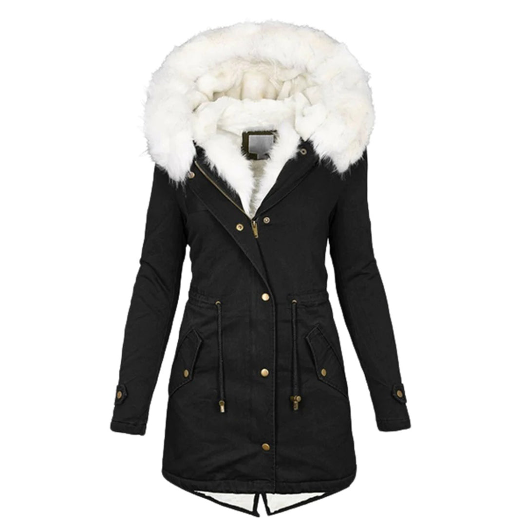 Damen Lange Winterjacke mit Kapuze und Fellkragen 2