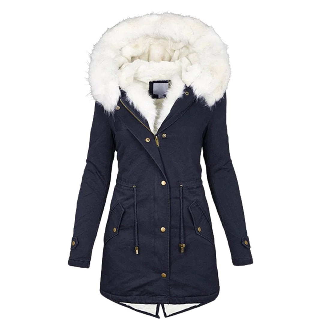 Damen Lange Winterjacke mit Kapuze und Fellkragen 3