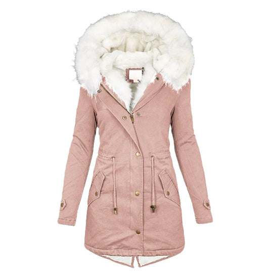 Damen Lange Winterjacke mit Kapuze und Fellkragen 4