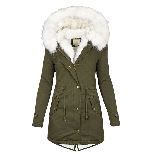 Damen Lange Winterjacke mit Kapuze und Fellkragen 5
