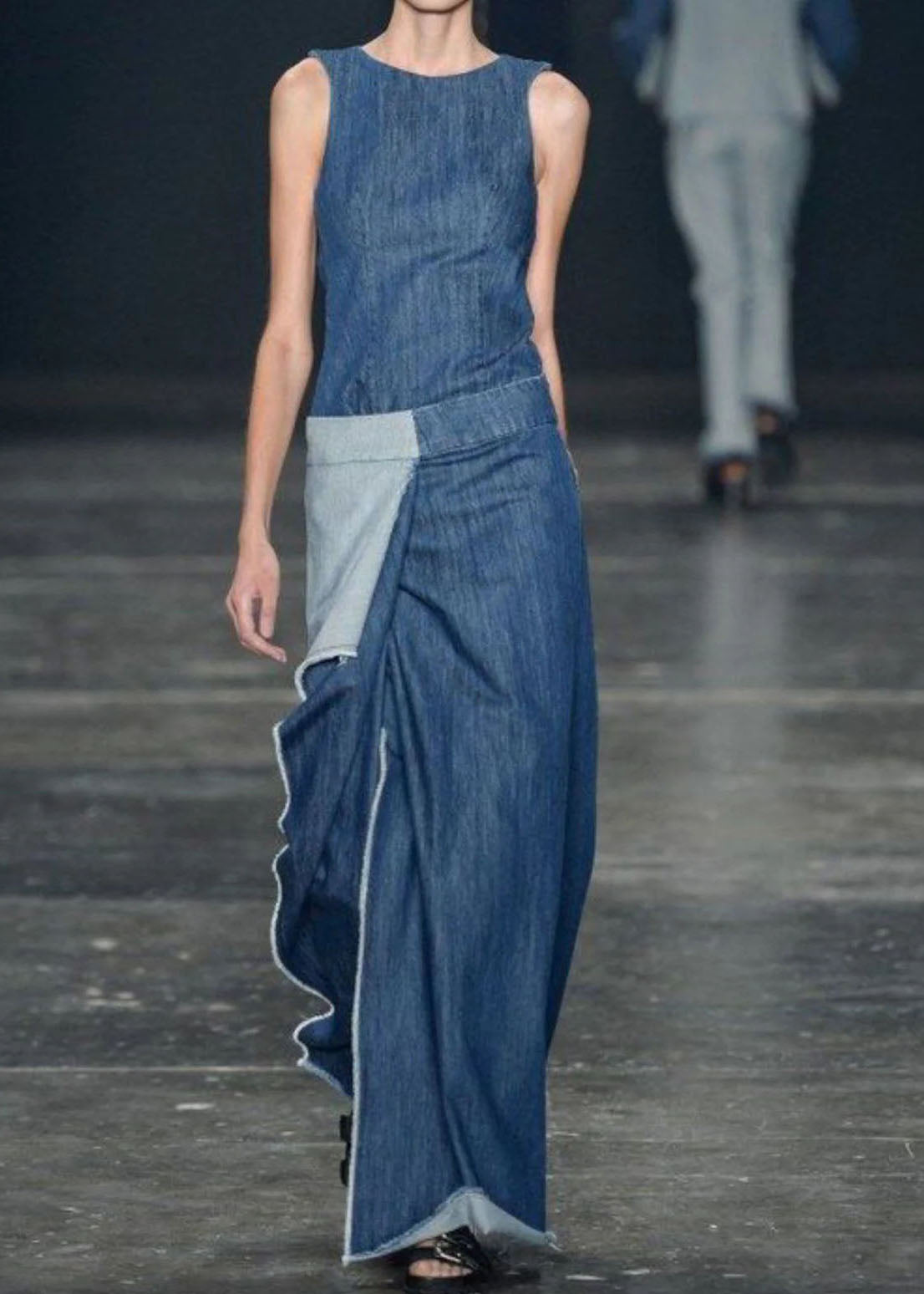 Damen Langes Jeanskleid Rüschen Ärmellos Casual 3